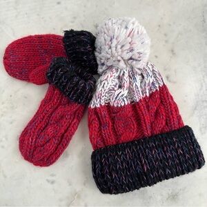 Vibrant Red and Black Kids Knit Hat and Mittens Set. New.